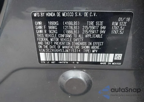 2018 Honda Hr-V Ex из США, поврежденный, VIN 3CZRU6H53JM715314